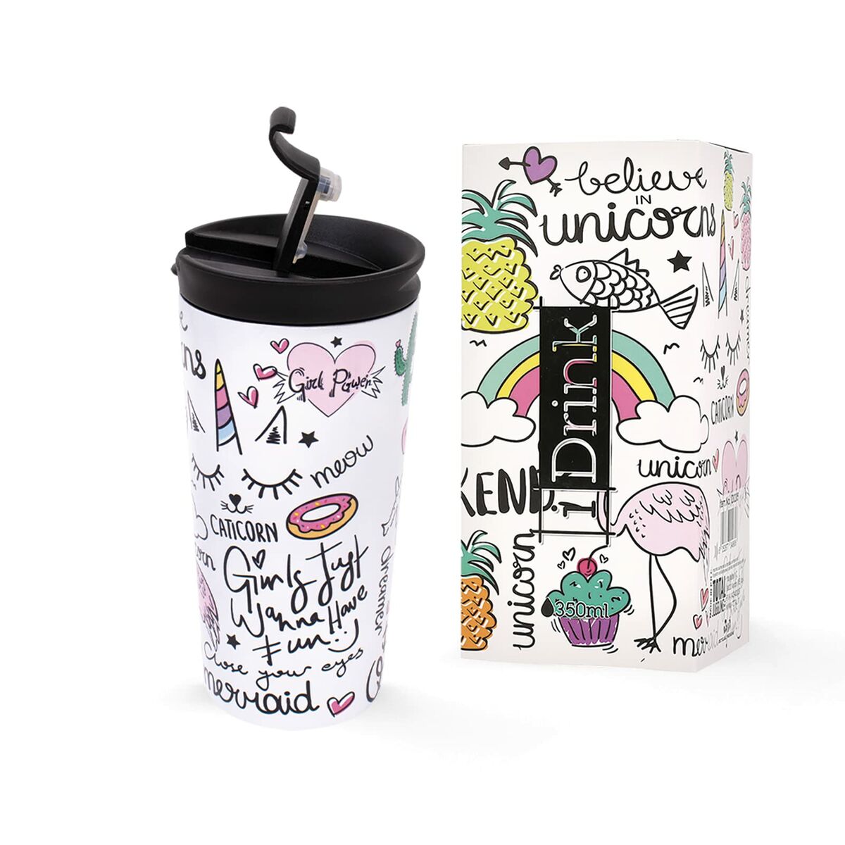 Taza Termo con Tapa iTotal Doble pared Blanco Unicornio Acero Inoxidable 350 ml - Effik Store