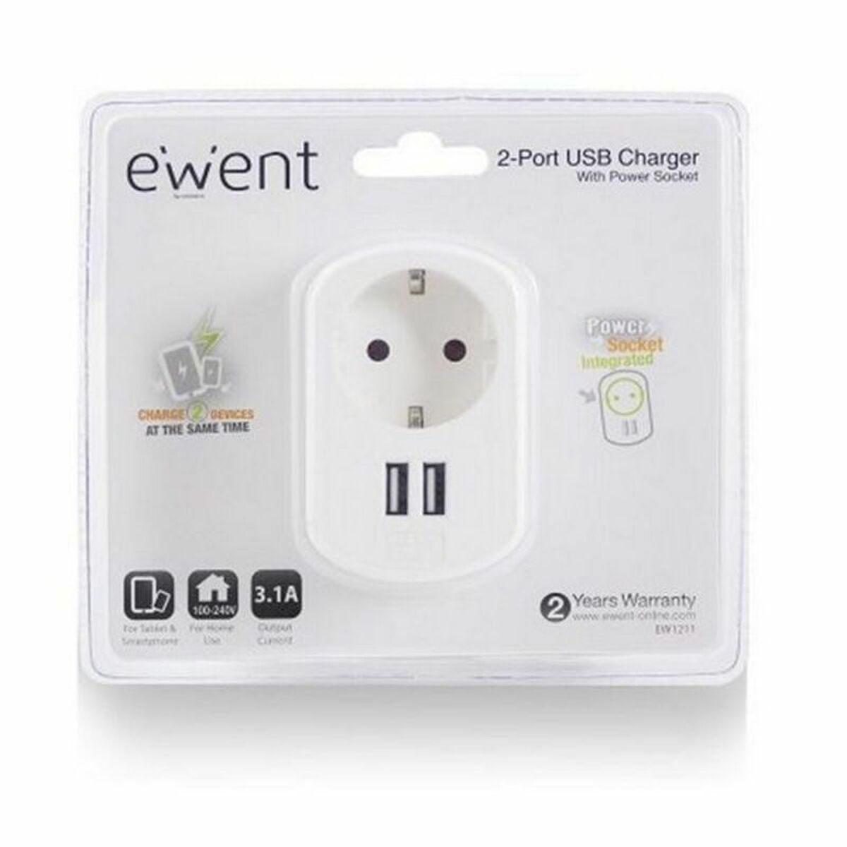 Enchufe Pared con 2 Puertos USB Ewent EW1211 3,1 A - Effik Store