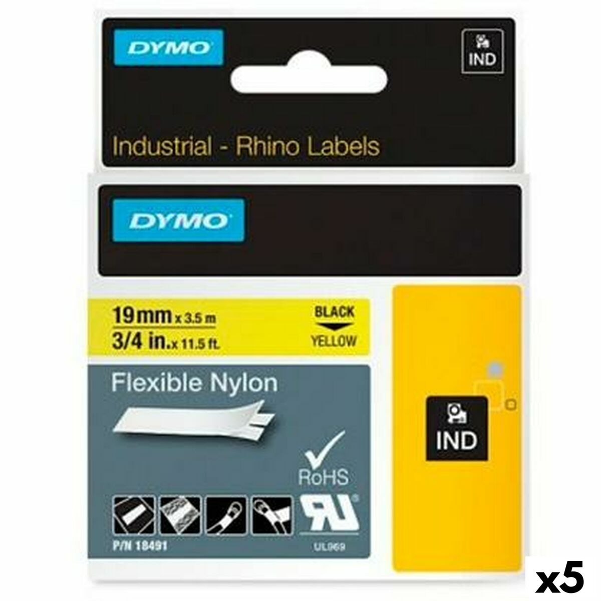 Cinta Laminada para Rotuladoras Rhino Dymo ID1-19 19 x 3,5 mm Negro Amarillo Autoadhesivas (5 Unidades) - Effik Store